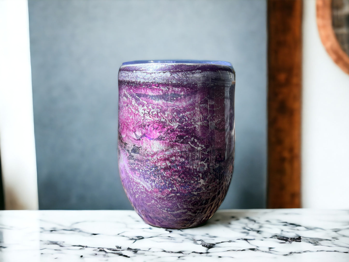 Handmade One of a Kind Purple and Silver Swirls Alcohol Ink and Resin Insulated Stemless Travel Wine Tumbler