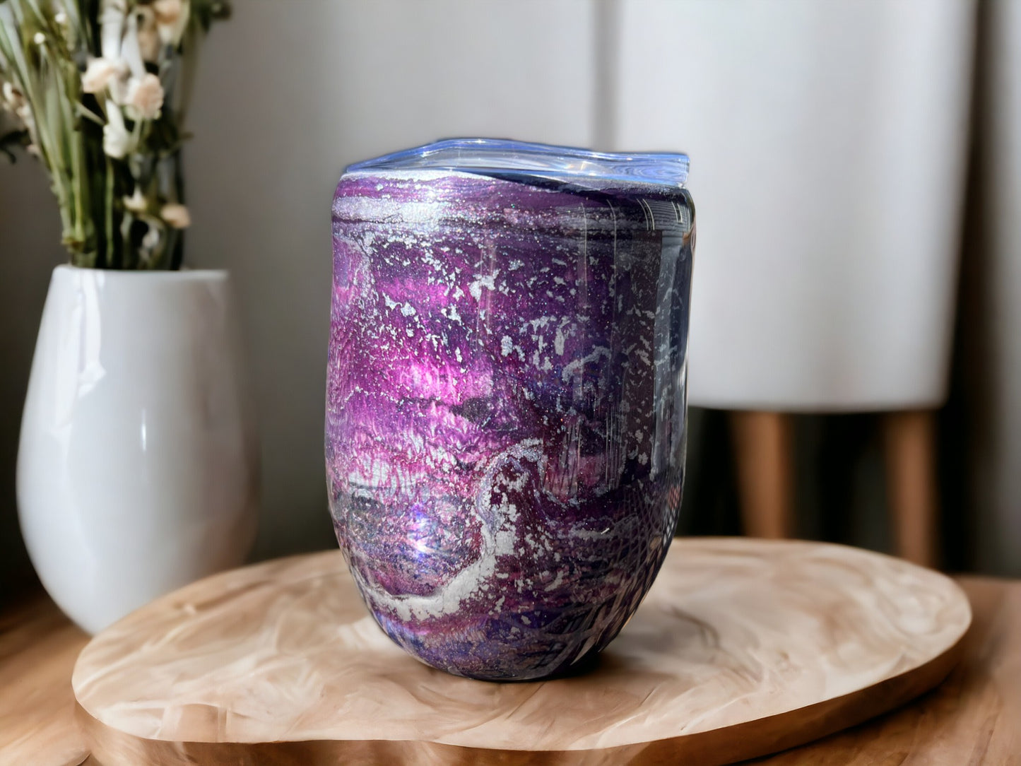 Handmade One of a Kind Purple and Silver Swirls Alcohol Ink and Resin Insulated Stemless Travel Wine Tumbler