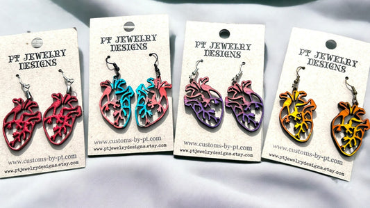 Anatomical Heart Earrings, Laser Cut Hand Painted Lightweight Wood Anatomical Heart Jewelry