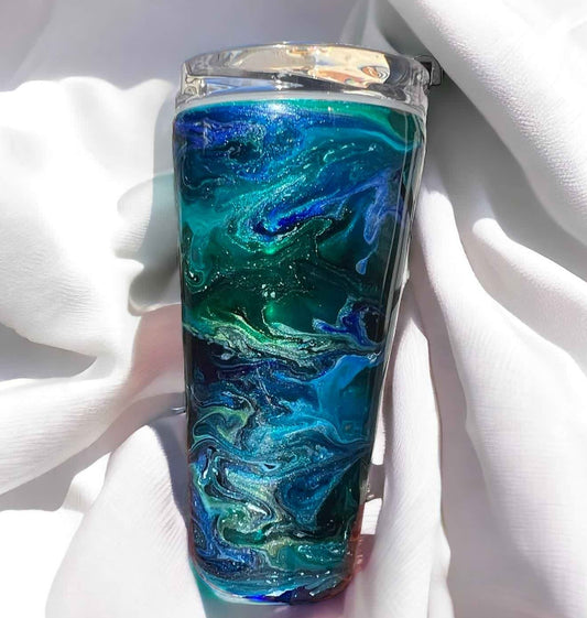 Blue Green Ocean Swirl Custom One of A Kind Alcohol Ink and Epoxy Insulated Travel Tumbler
